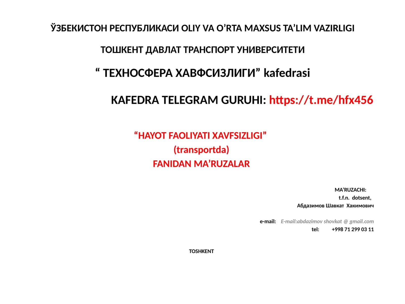 Ҳаёт фаолияти хавфсизлиги (транспортда) 1