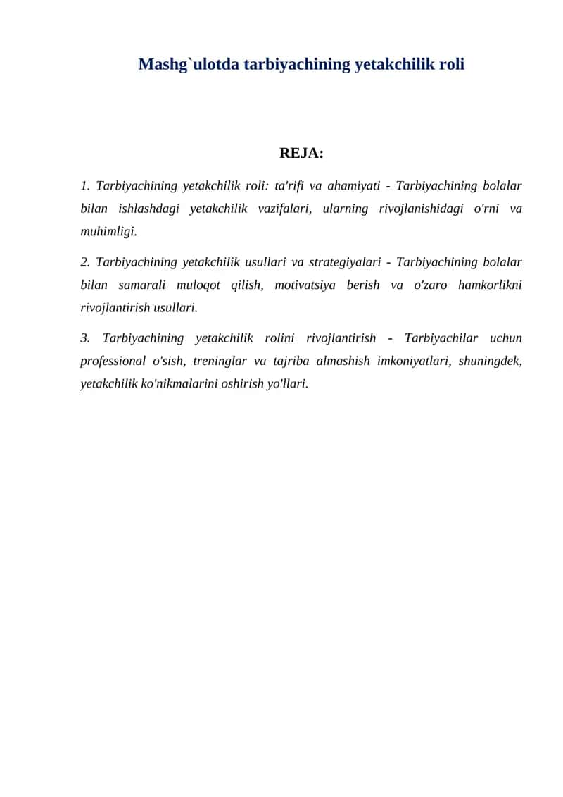 Mashg`ulotda tarbiyachining yetakchilik roli 1