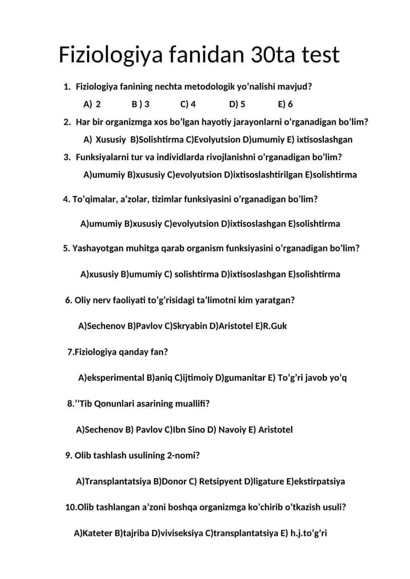 Fiziologiya fanidan 30ta test 1