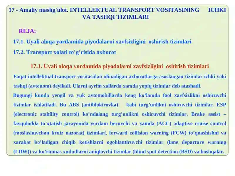 INTELLEKTUAL TRANSPORT VOSITASINING ICHKI VA TASHQI TIZIMLARI