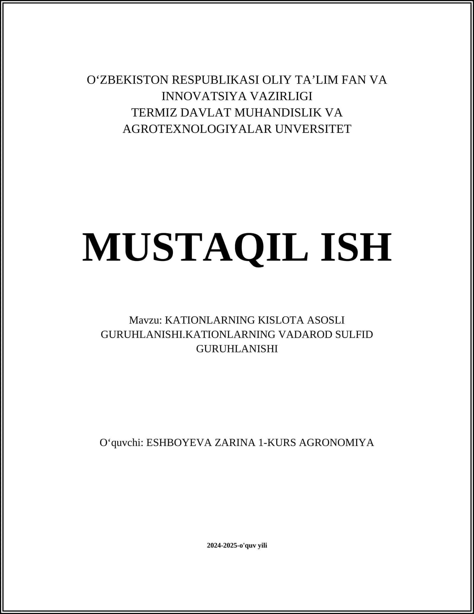 KATIONLARNING KISLOTA ASOSLI GURUHLANISHI.KATIONLARNING VADAROD SULFID GURUHLANISHI 1