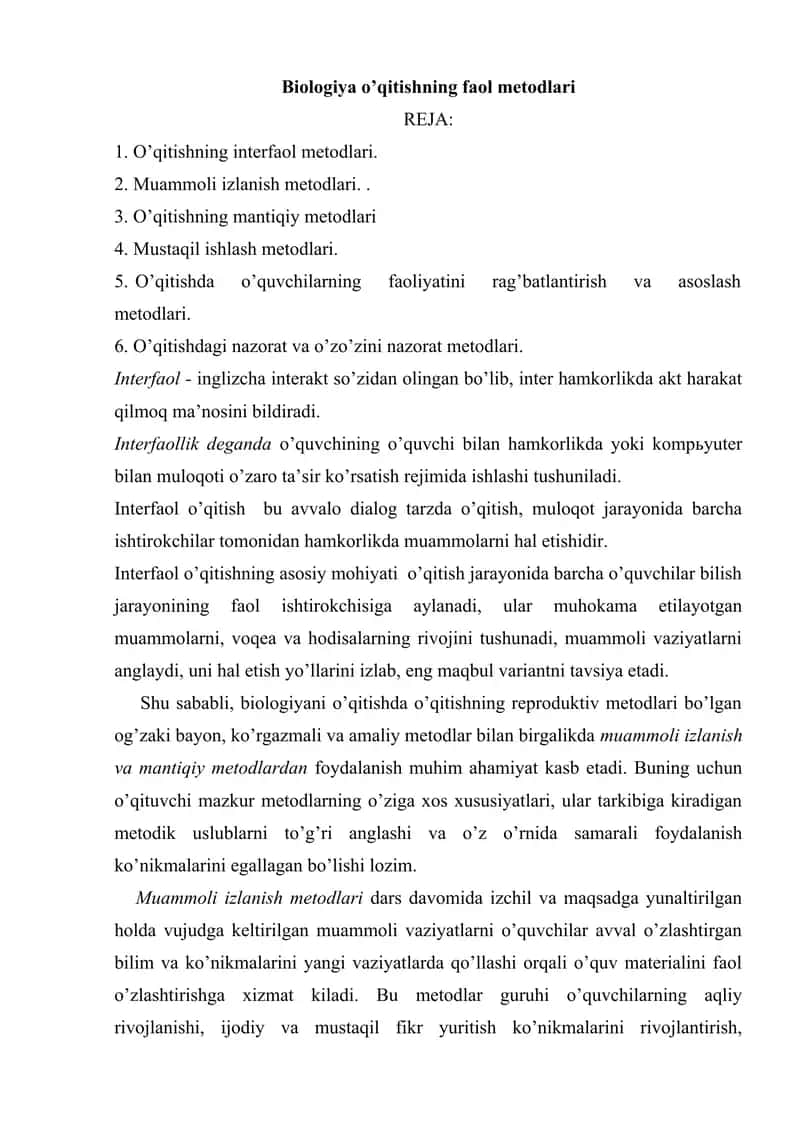 Biologiya o’qitishning faol metodlari 1
