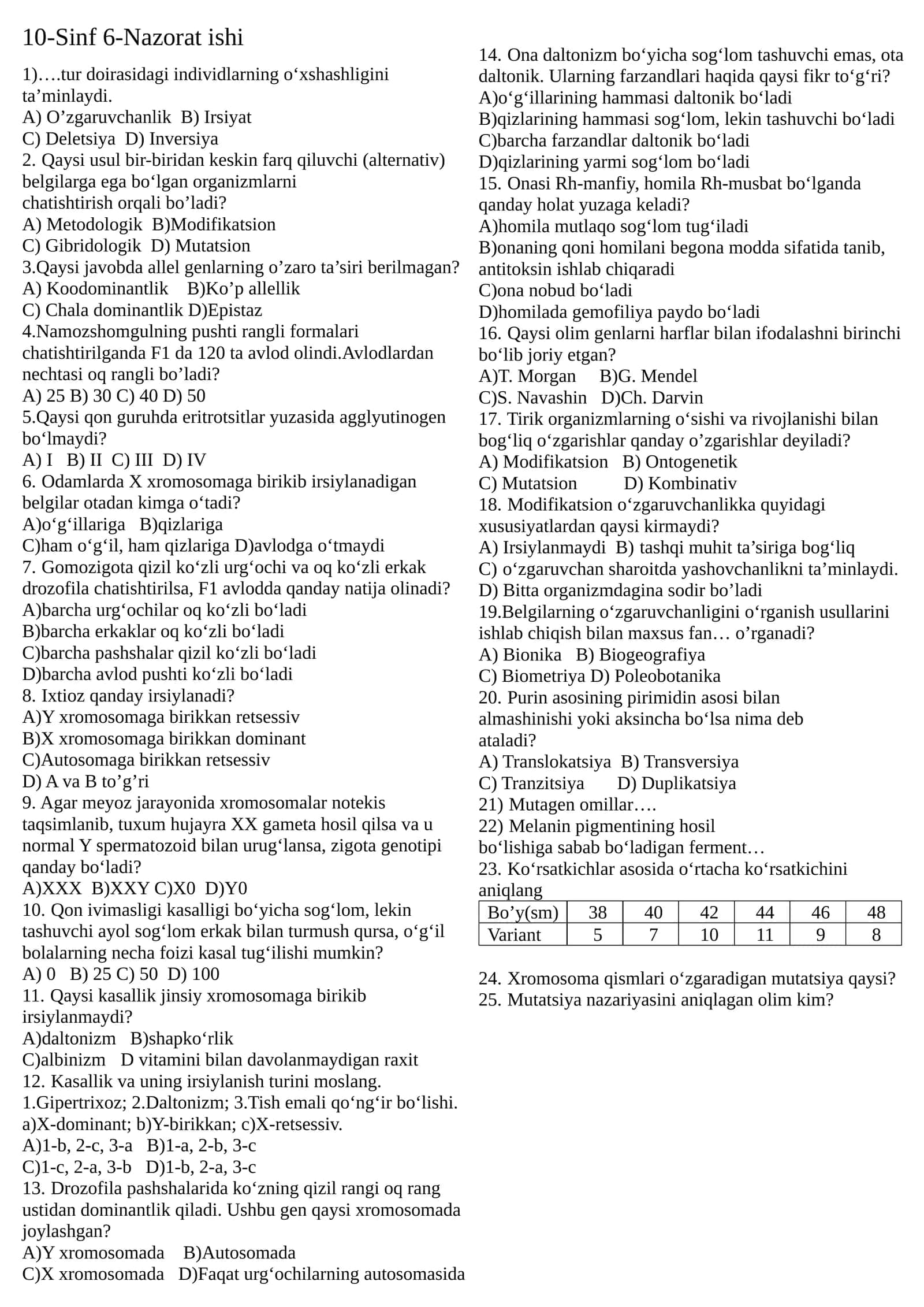 10-Sinf Biologiya 6-Nazorat ishi javobli 1