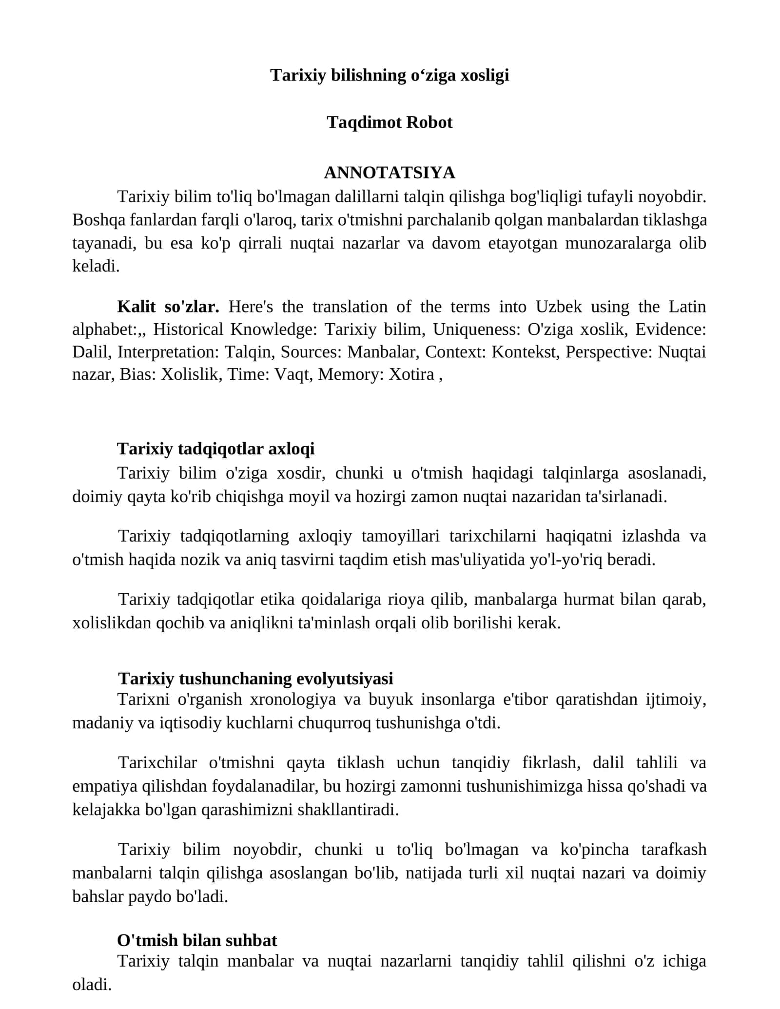 Tarixiy bilishning oʻziga xosligi 1