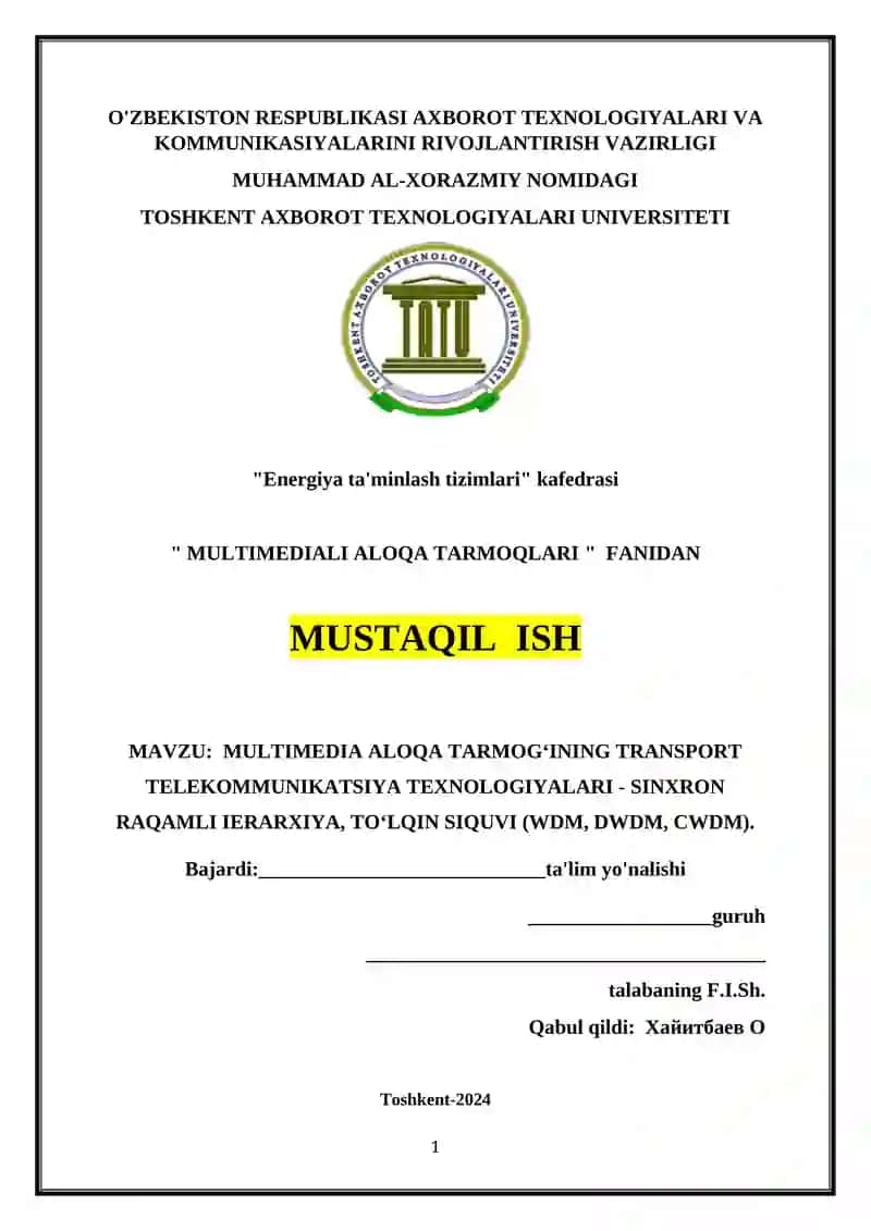 MULTIMEDIA ALOQA TARMOG‘INING TRANSPORT TELEKOMMUNIKATSIYA TEXNOLOGIYALARI