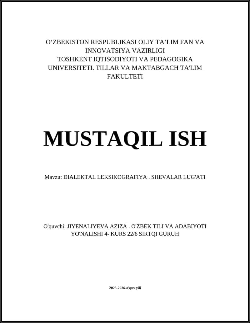 DIALEKTAL LEKSIKOGRAFIYA. SHEVALAR LUG'ATI 1