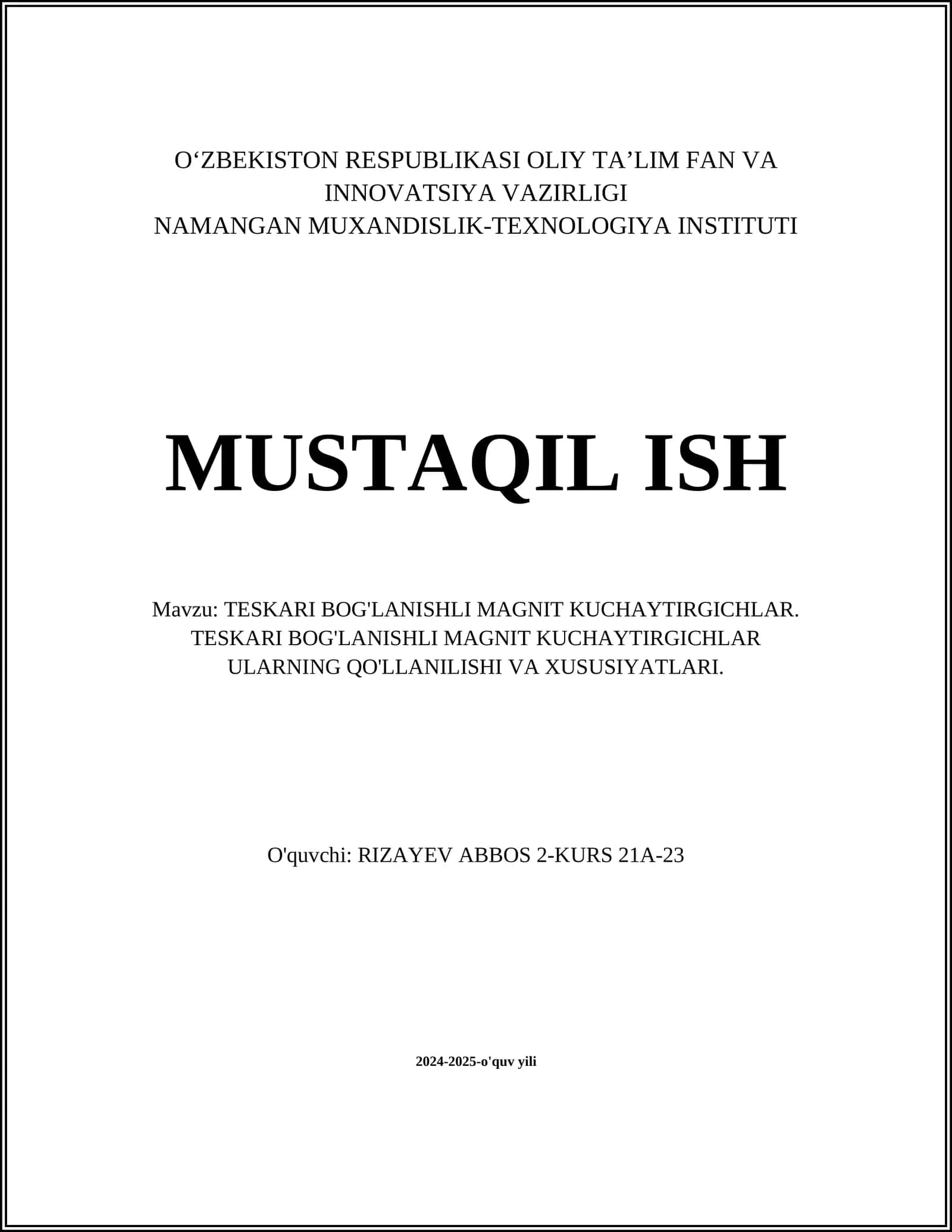 TESKARI BOG'LANISHLI MAGNIT KUCHAYTIRGICHLAR 1