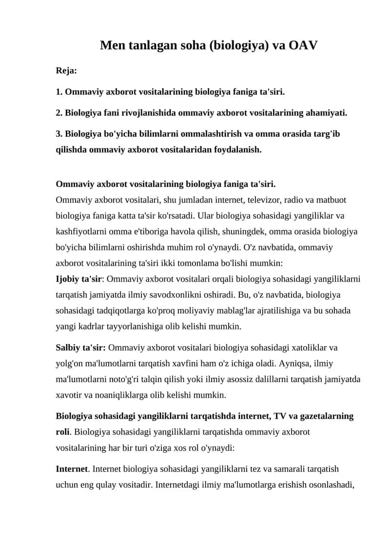 Men tanlagan soha (biologiya) va OAV 1