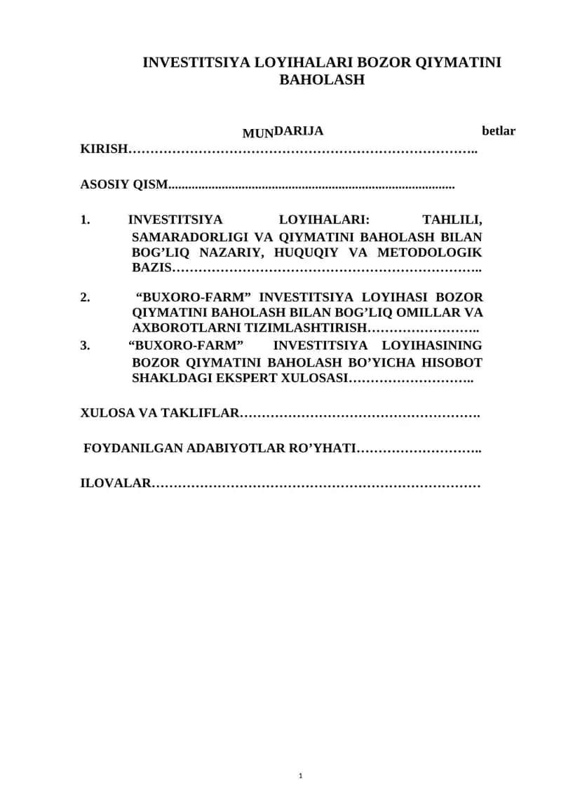 INVESTITSIYA LOYIHALARI BOZOR QIYMATINI BAHOLASH 1