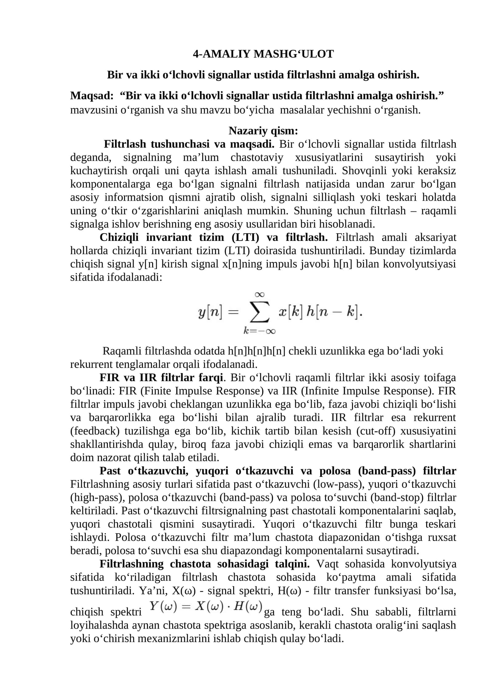 Amaliy mashg'ulot: Bir va ikki o‘lchovli signallar ustida filtrlash 1