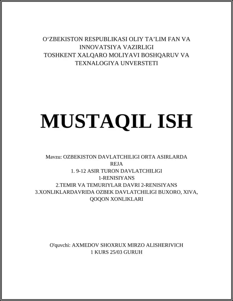 OZBEKISTON DAVLATCHILIGI ORTA ASIRLARDA 1