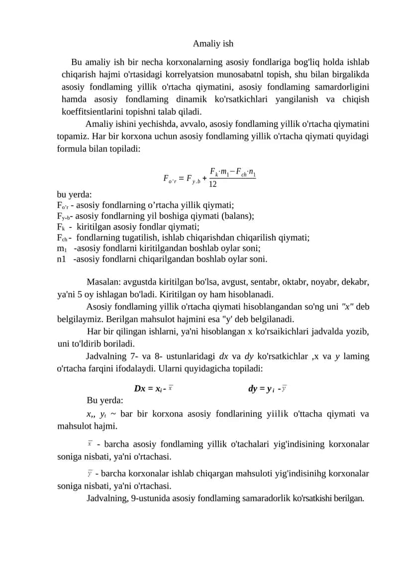 Asosiy fondlarning yillik o'rtacha qiymati 1