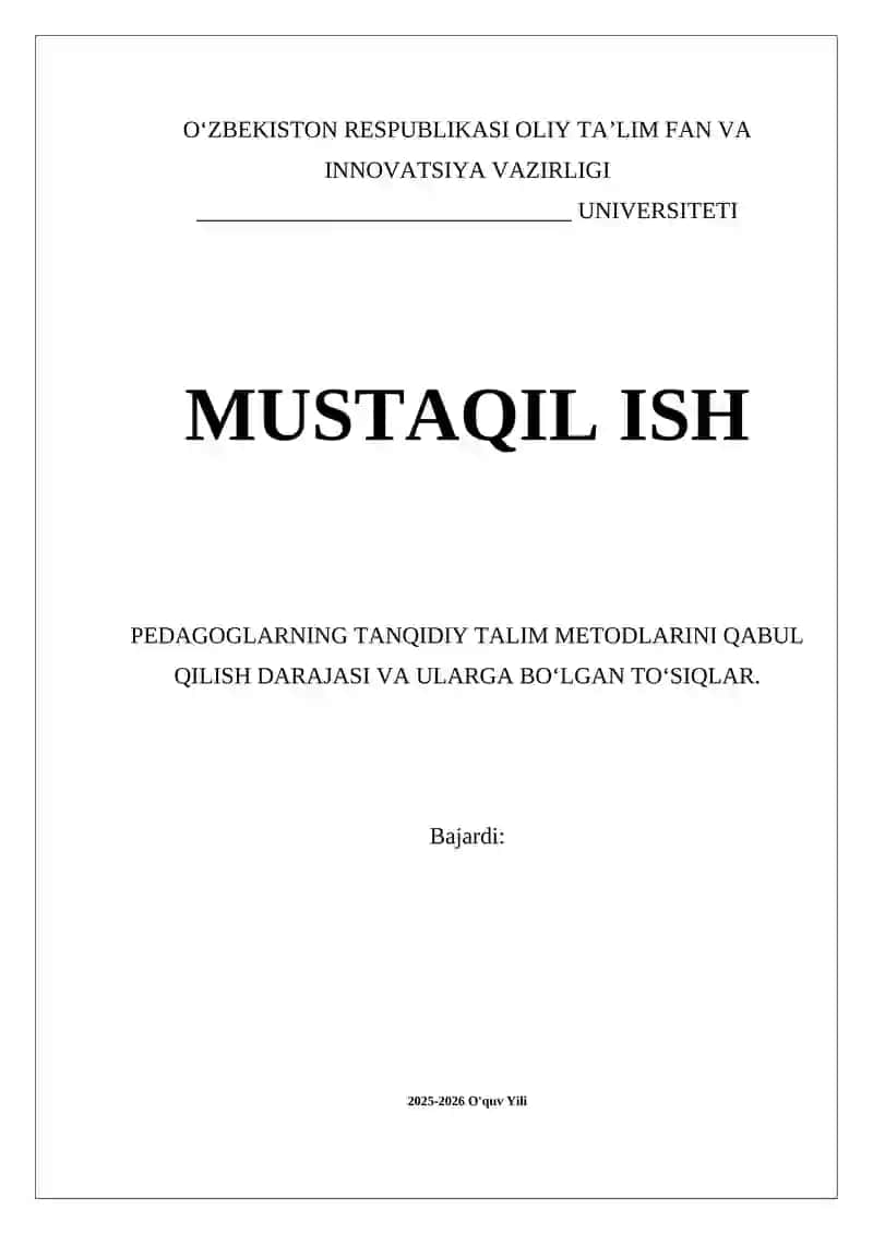 PEDAGOGLARNING TANQIDIY TALIM METODLARINI QABUL QILISH DARAJASI VA ULARGA BOʻLGAN TOʻSIQLAR