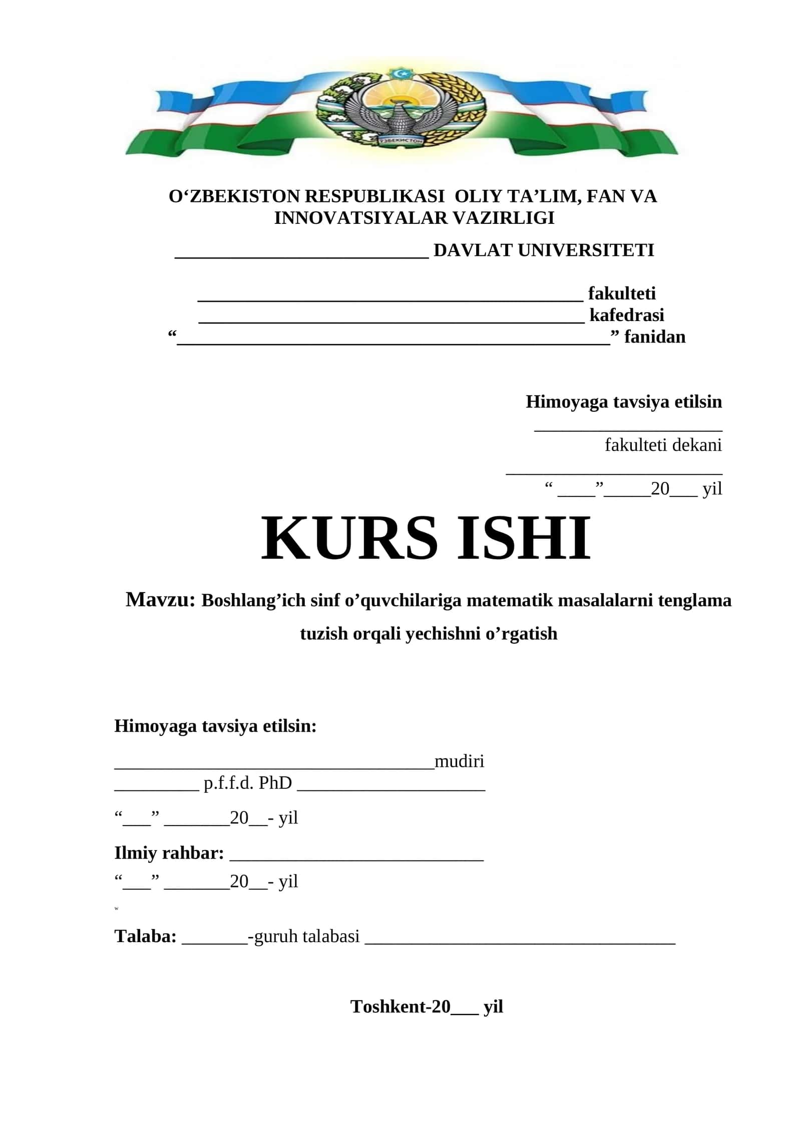 Matematik masalalarni tenglama tuzish orqali yechishni o’rgatish 1