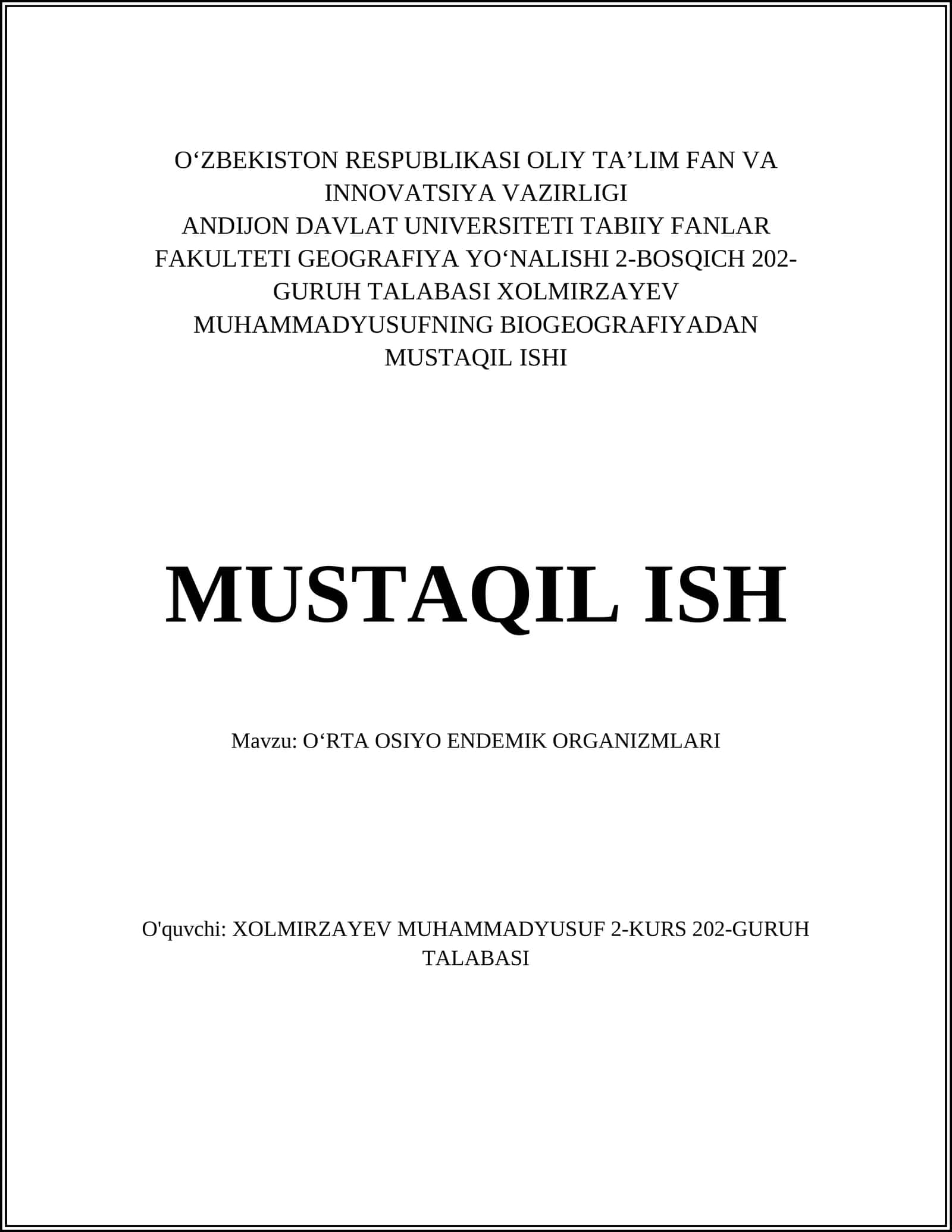 OʻRTA OSIYO ENDEMIK ORGANIZMLARI 1