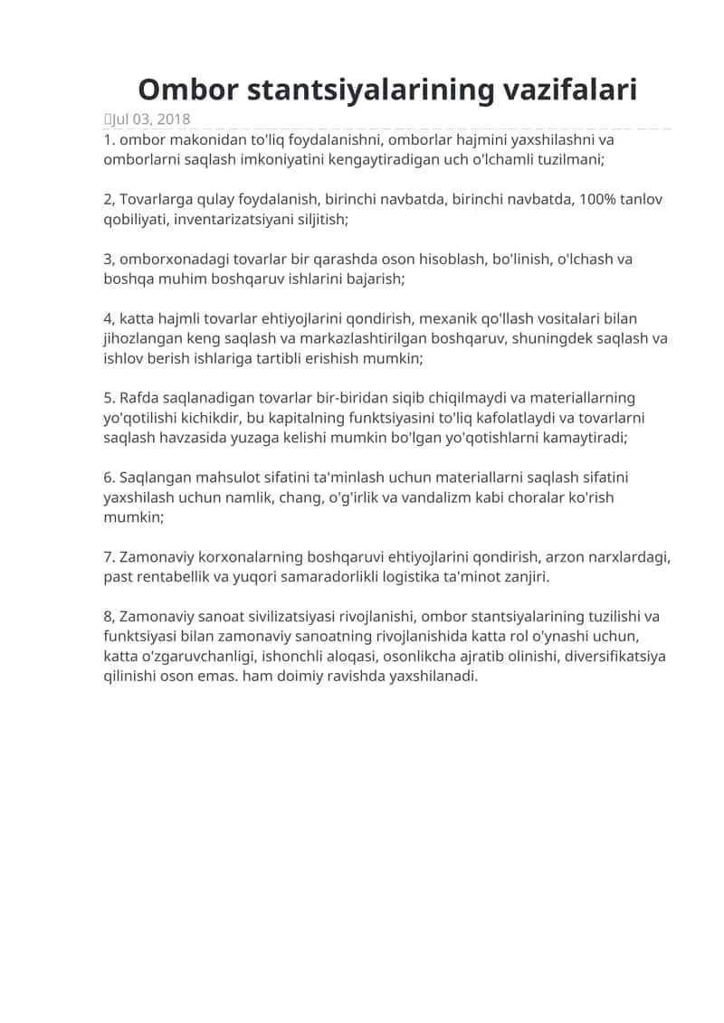 Ombor stantsiyalarining vazifalari 1