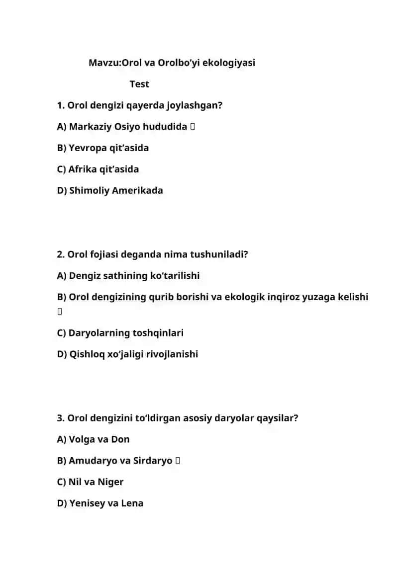 Orol va Orolbo’yi ekologiyasi
