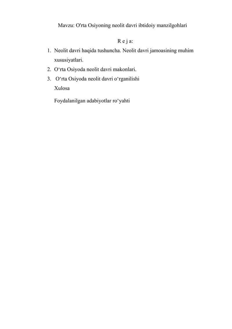 O'rta Osiyoning neolit davri ibtidoiy manzilgohlari 1