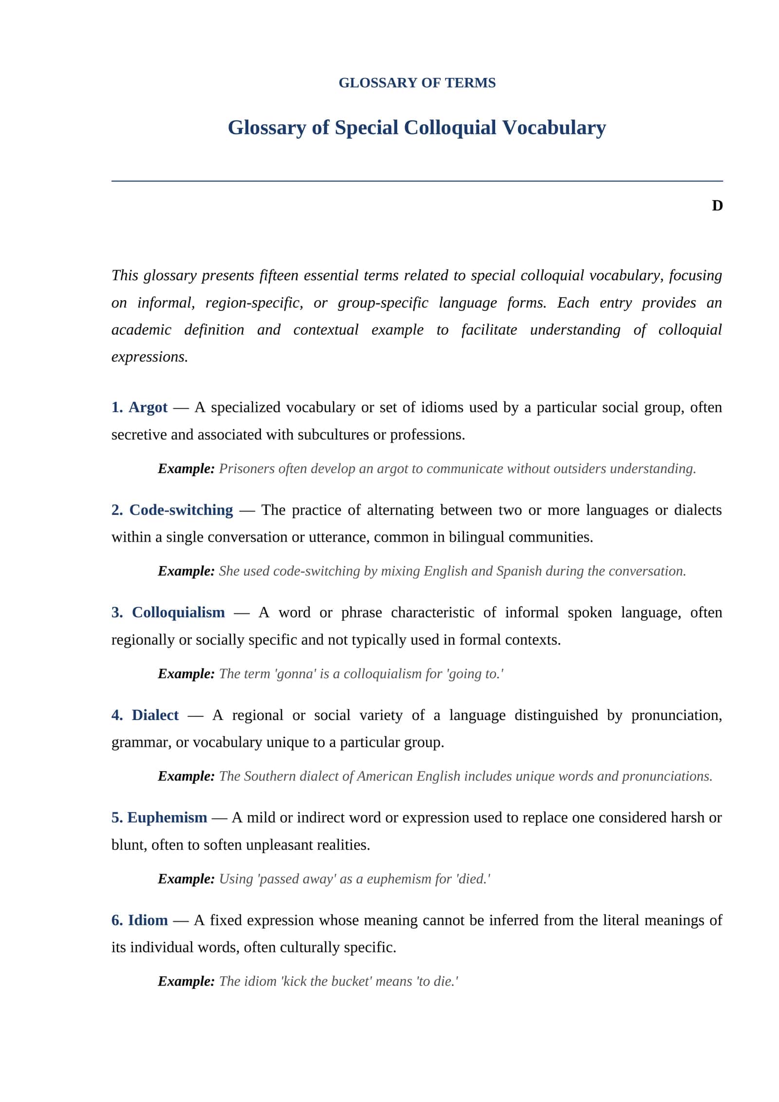 Glossary of Special Colloquial Vocabulary 1