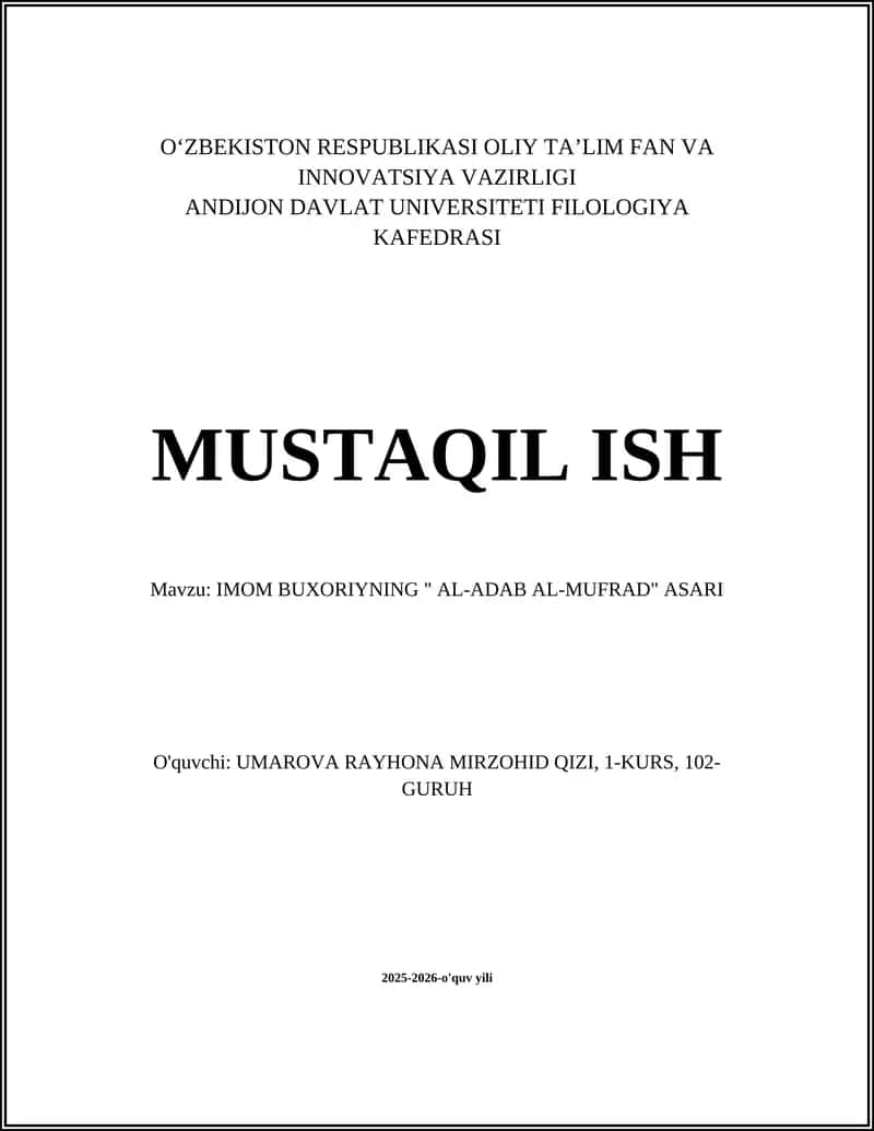 IMOM BUXORIYNING " AL-ADAB AL-MUFRAD" ASARI 1
