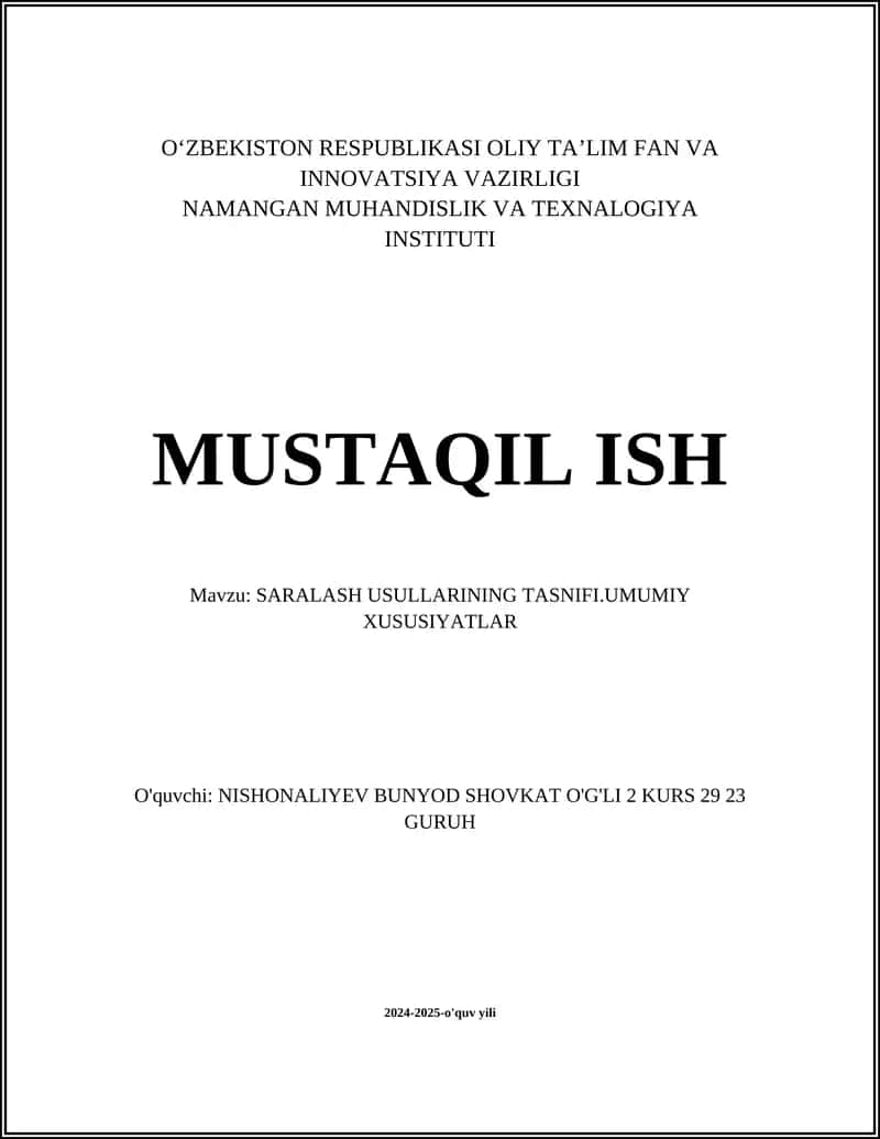 SARALASH USULLARINING TASNIFI.UMUMIY XUSUSIYATLAR 1