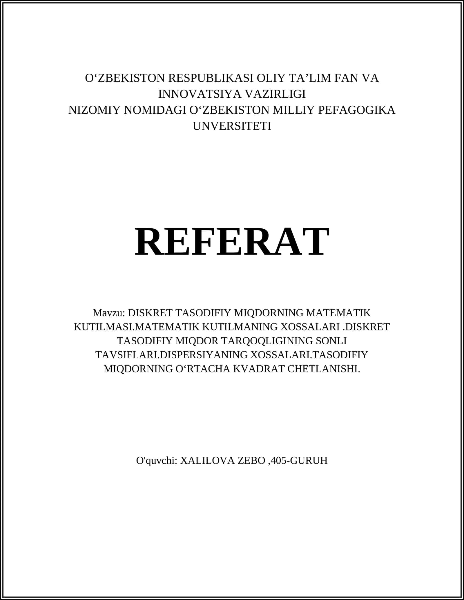 DISKRET TASODIFIY MIQDORNING MATEMATIK KUTILMASI 1