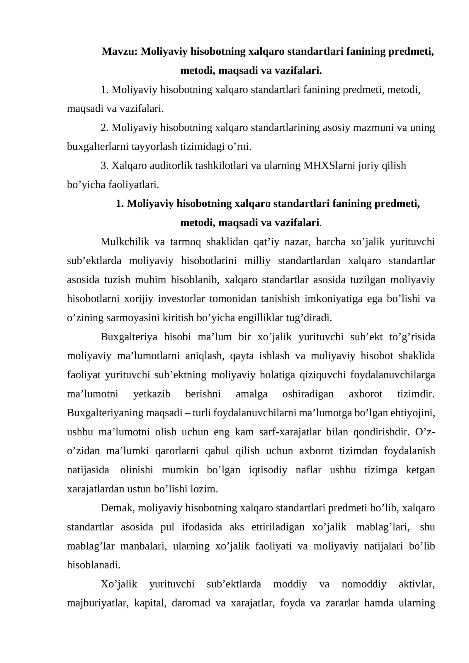 Moliyaviy hisobotning xalqaro standartlari fanining predmeti, metodi, maqsadi va vazifalari 1