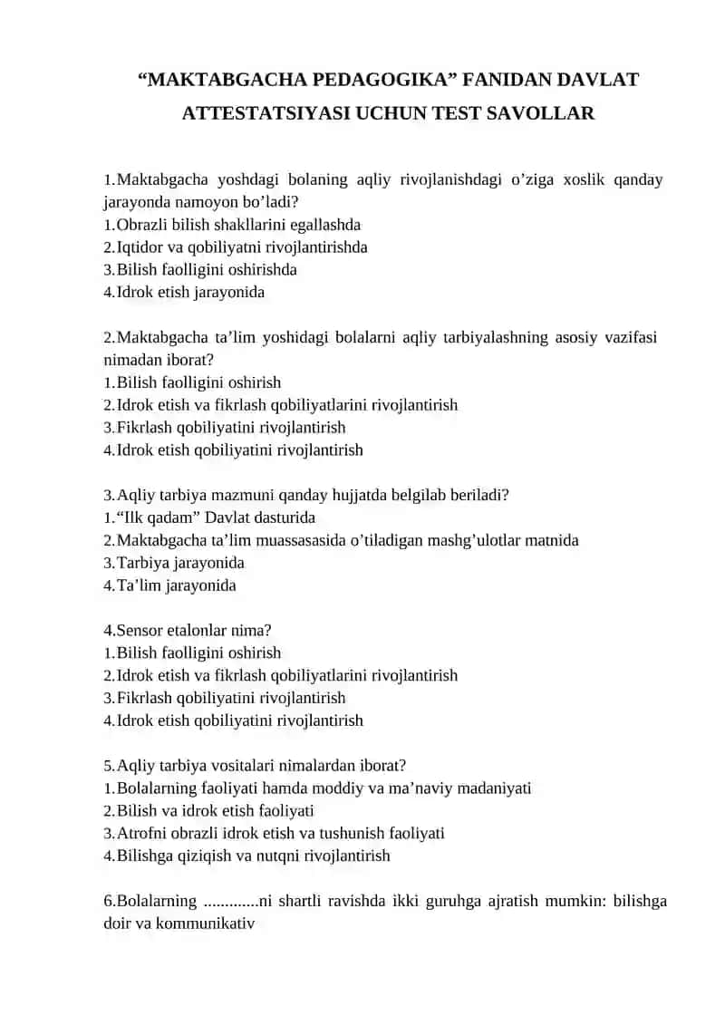 MAKTABGACHA PEDAGOGIKA FANIDAN DAVLAT ATTESTATSIYASI UCHUN TEST SAVOLLAR