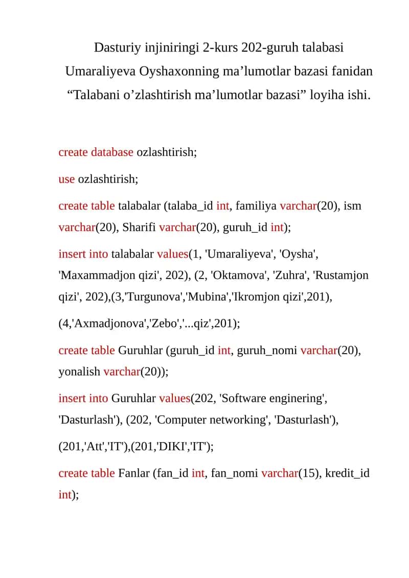 Talabani o’zlashtirish ma’lumotlar bazasi 1