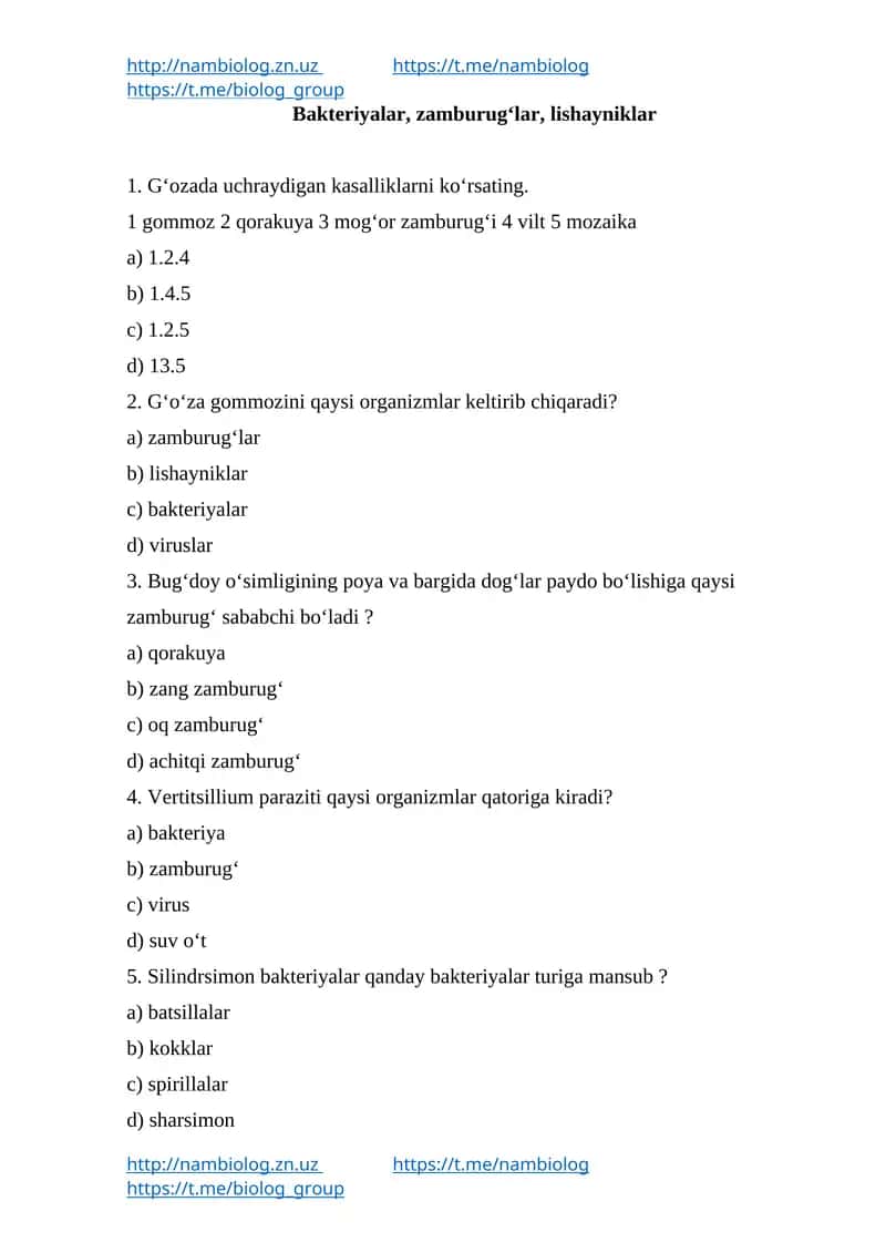 Biologiya test savollar to'plami 1