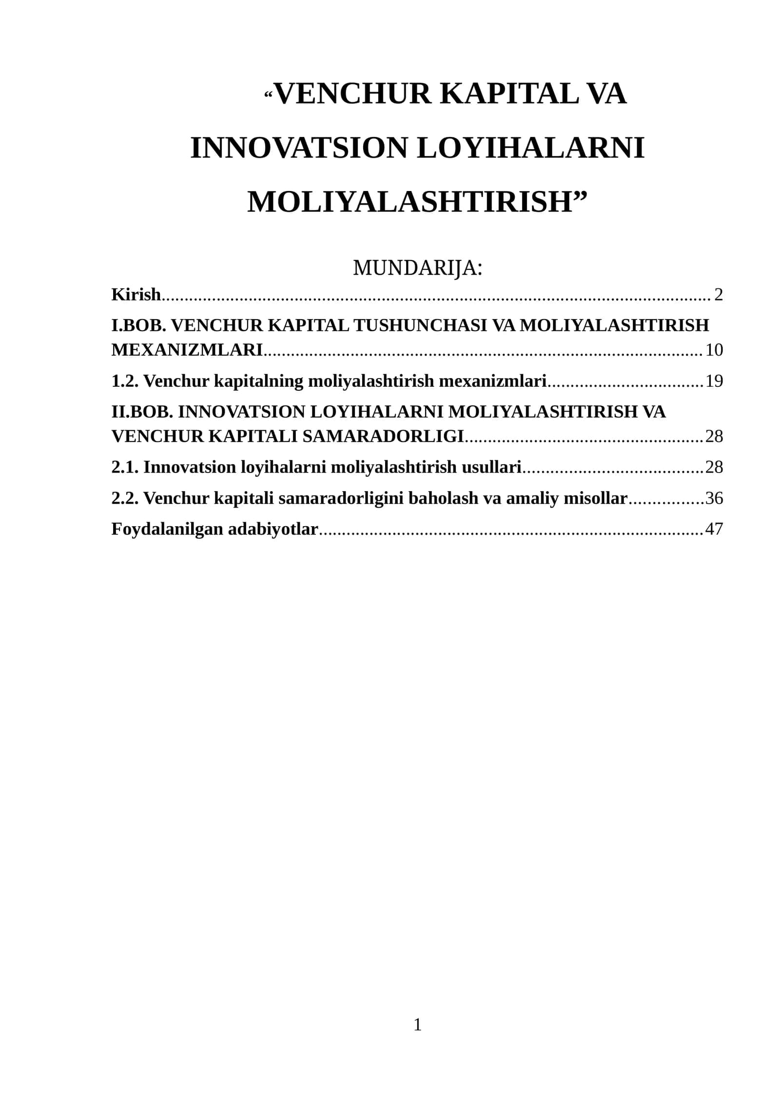 VENCHUR KAPITAL VA INNOVATSION LOYIHALARNI MOLIYALASHTIRISH 1