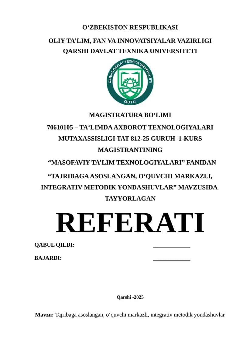 "MASOFAVIY TA’LIM TEXNOLOGIYALARI" REFERATI 1