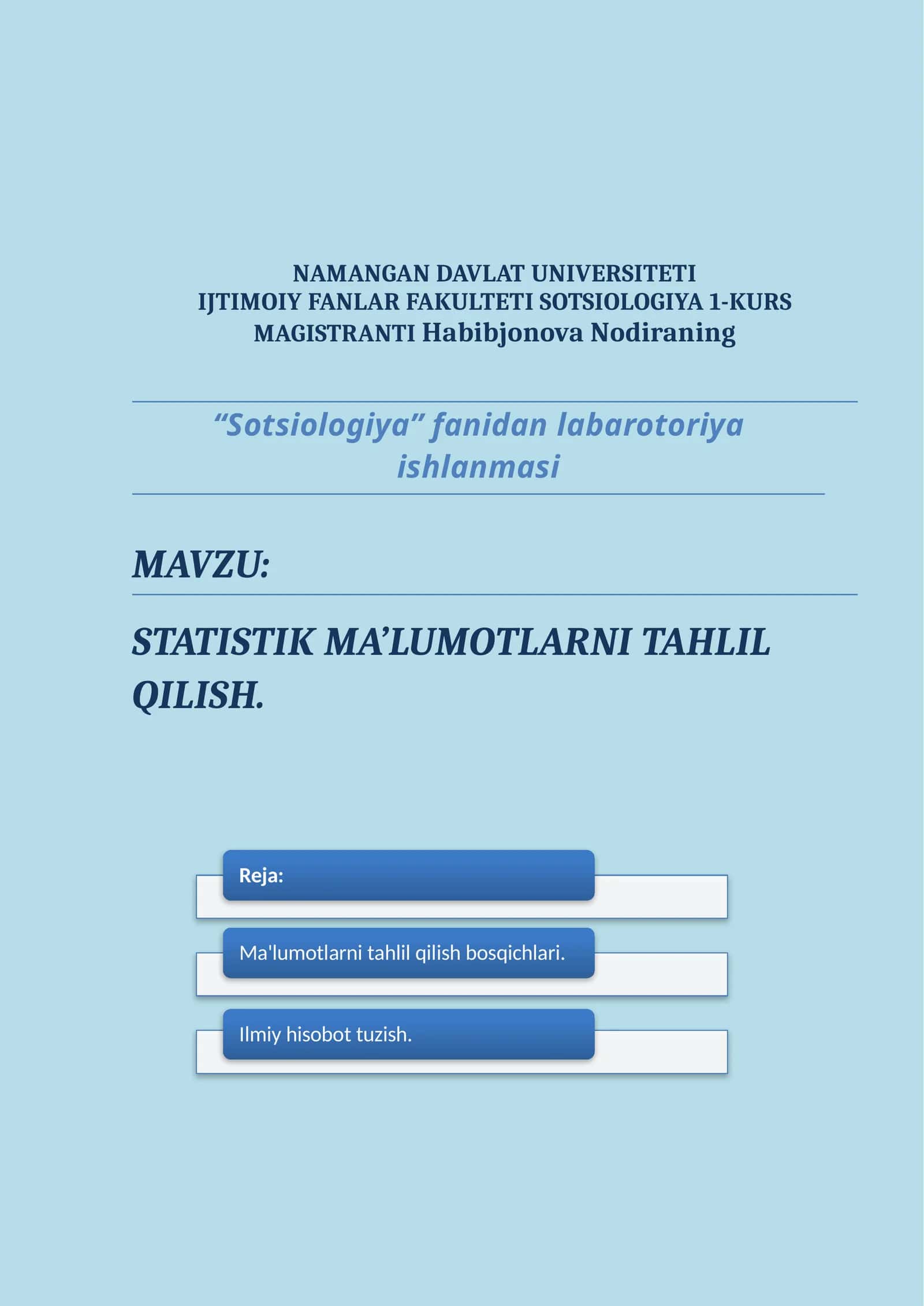 STATISTIK MA’LUMOTLARNI TAHLIL QILISH. 1