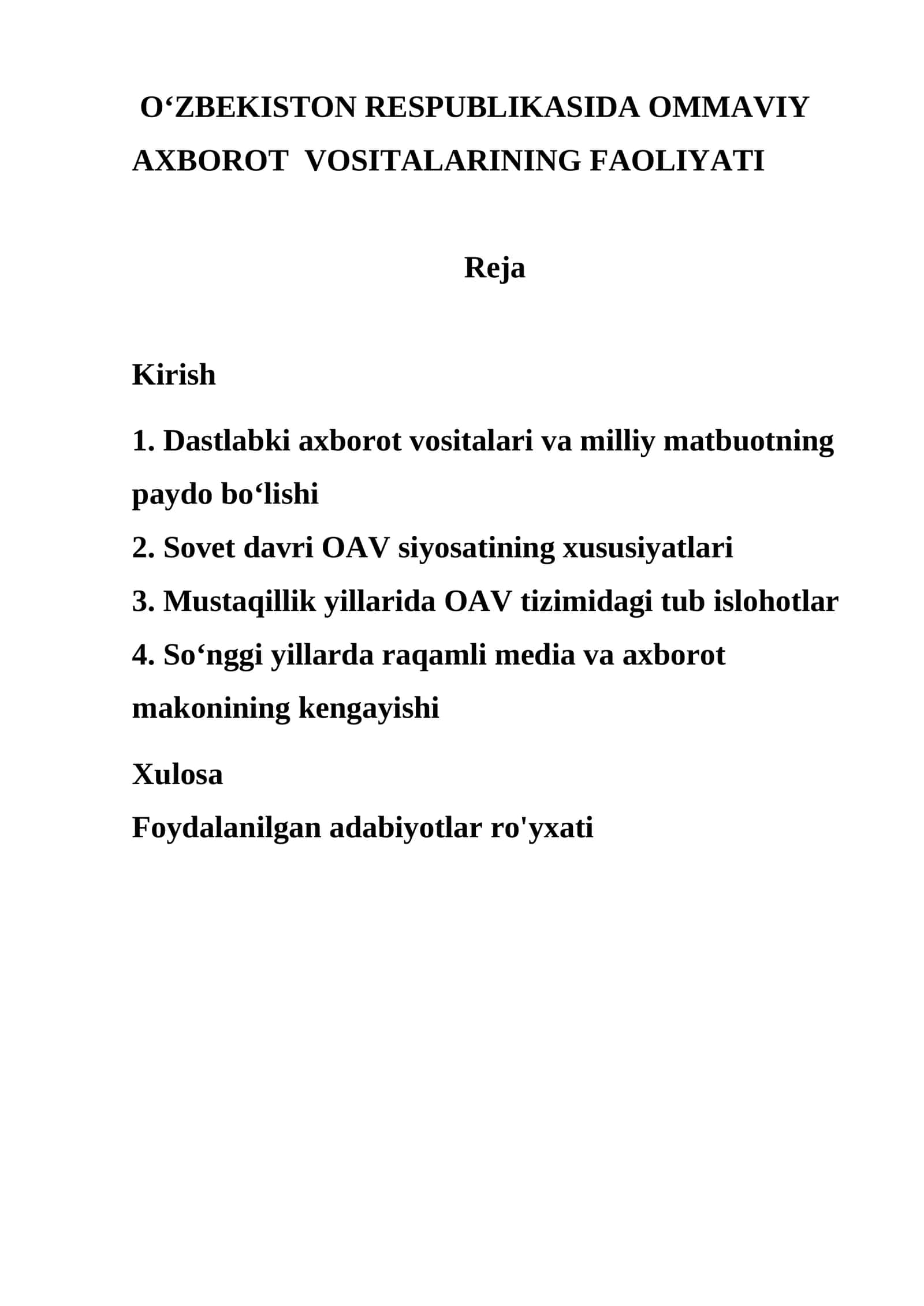 O‘ZBEKISTON RESPUBLIKASIDA OMMAVIY AXBOROT VOSITALARINING FAOLIYATI 1