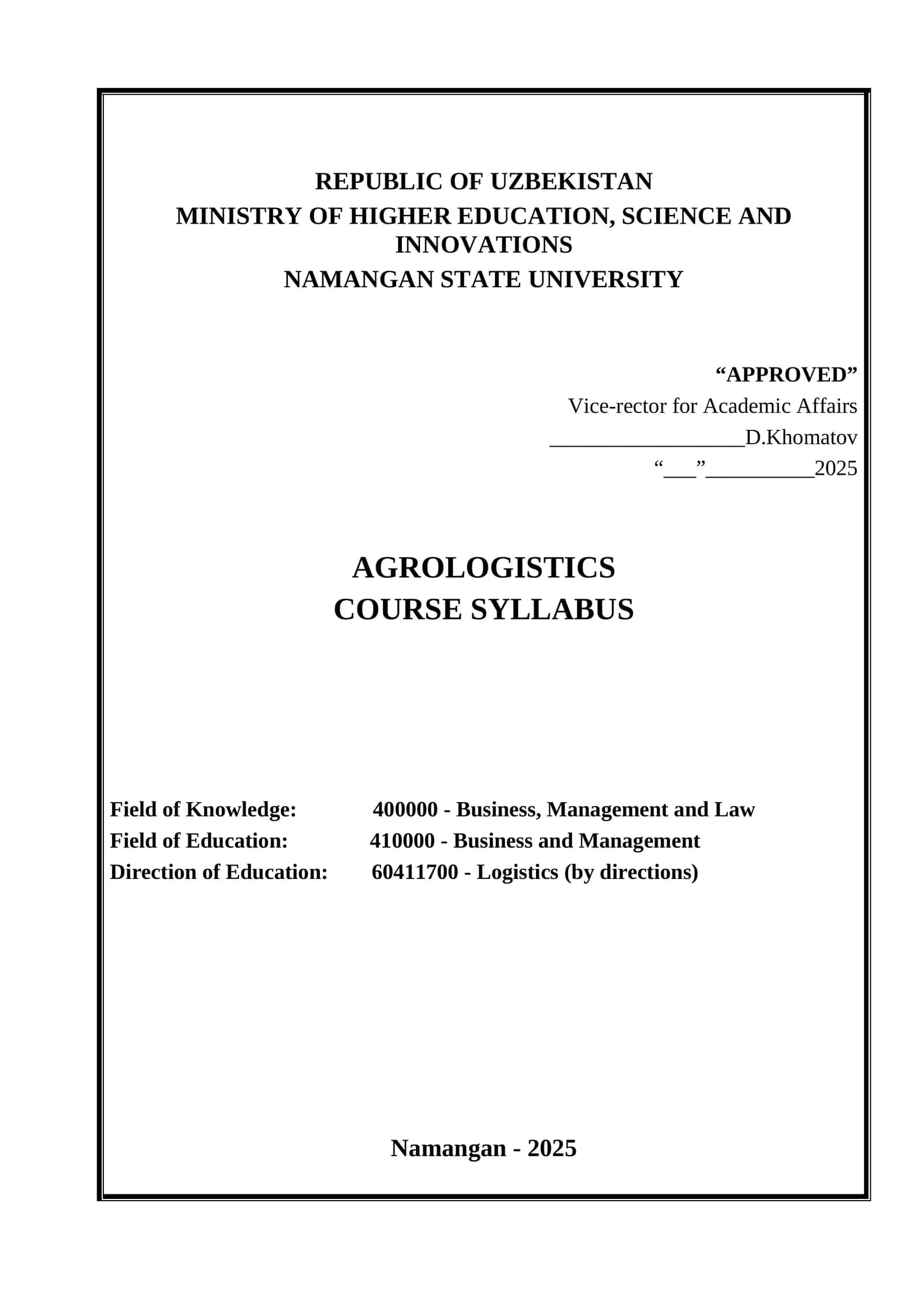 AGROLOGISTICS COURSE SYLLABUS 1