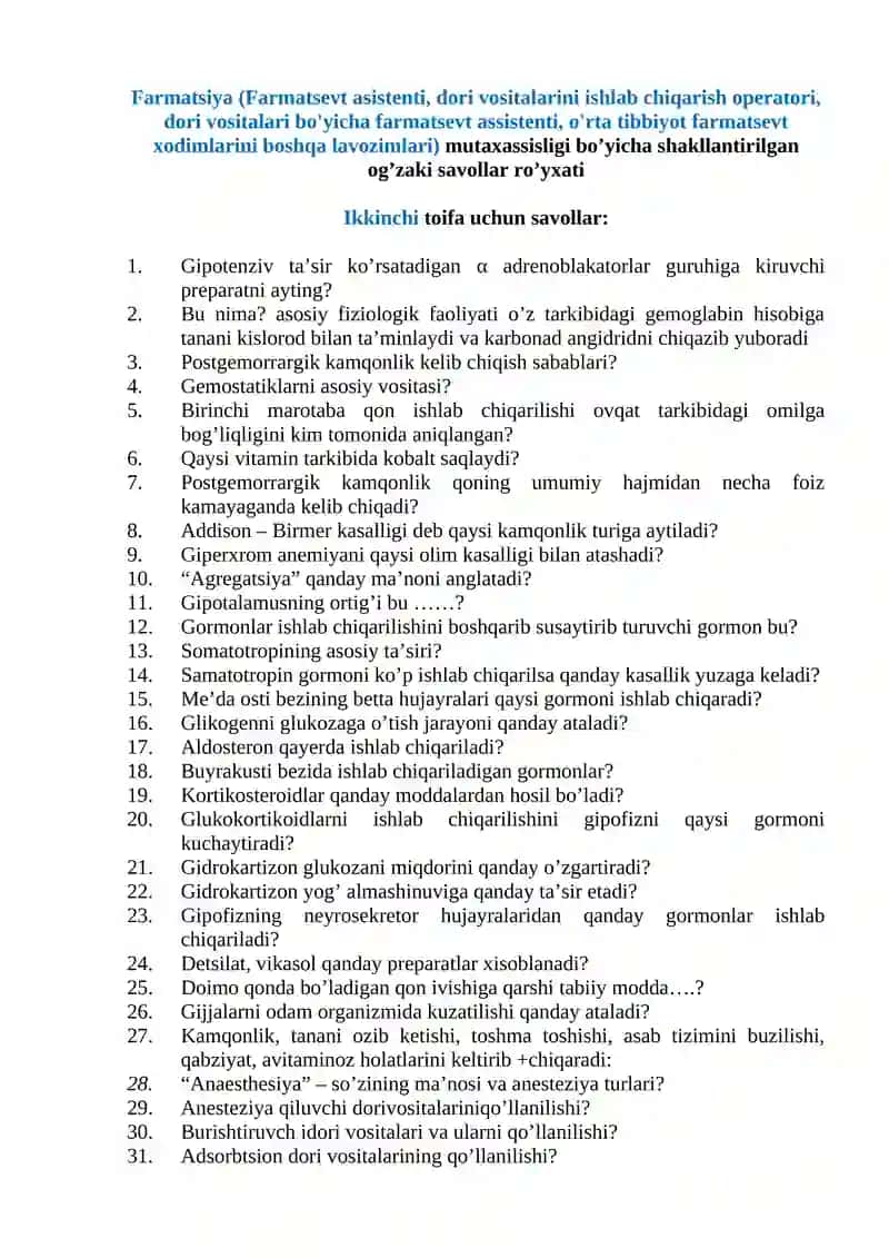 Farmatsevt asistenti savollari