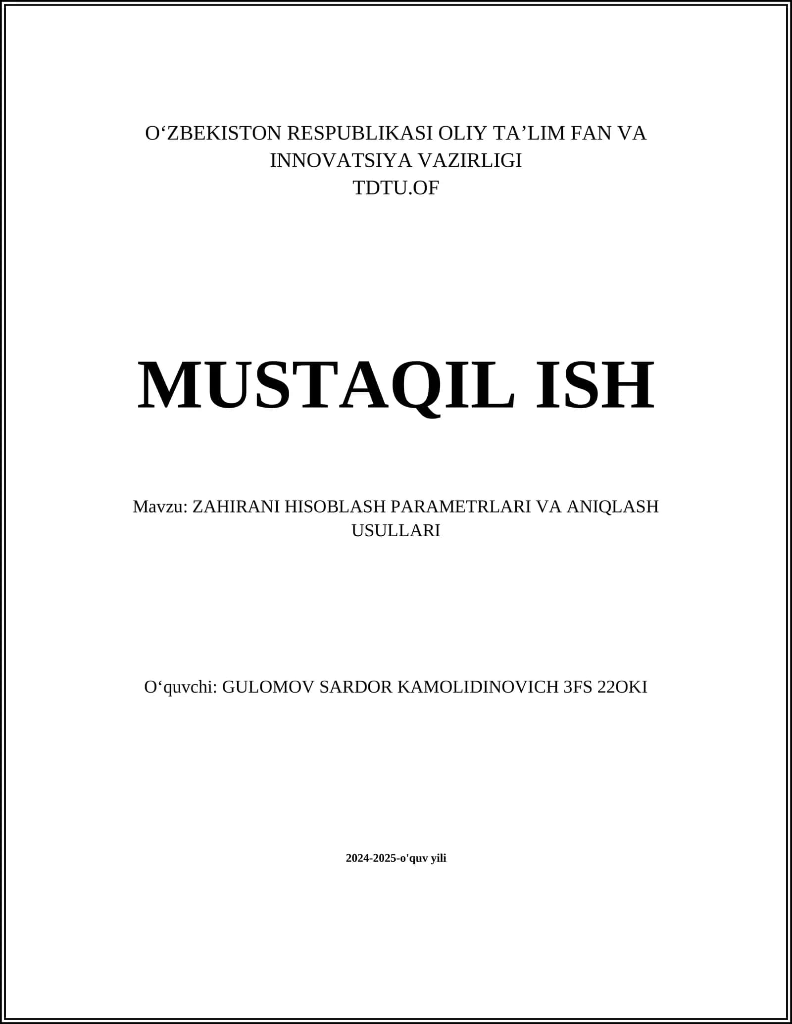 ZAHIRANI HISOBLASH PARAMETRLARI VA ANIQLASH USULLARI 1