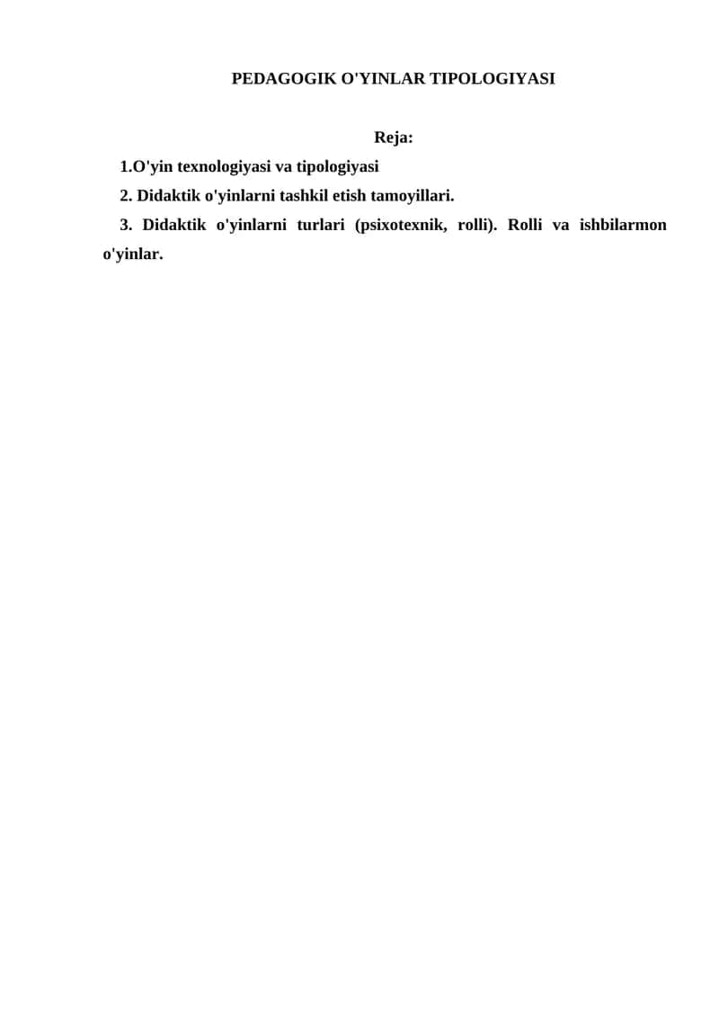 PEDAGOGIK O'YINLAR TIPOLOGIYASI 1