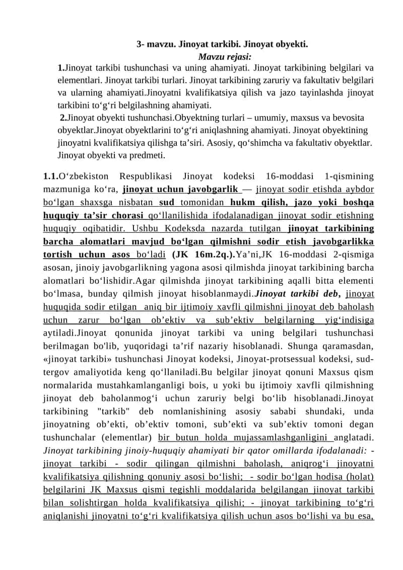 Jinoyat tarkibi va obyekti 1