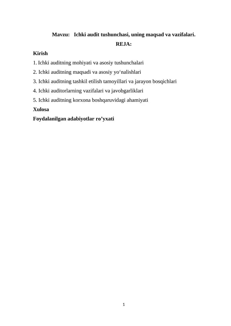 Ichki audit tushunchasi, uning maqsad va vazifalari 1