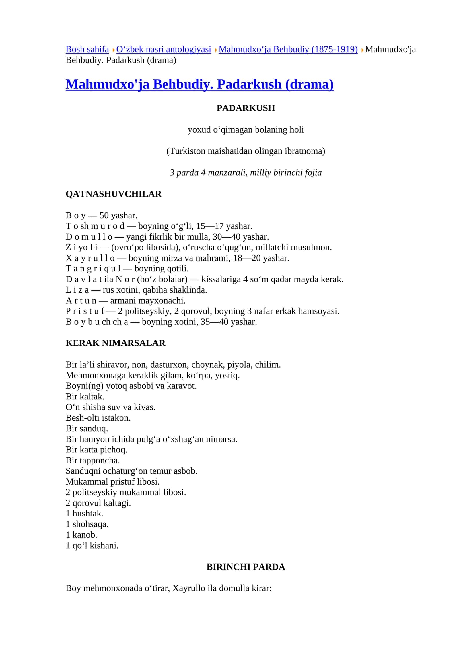 Mahmudxo'ja Behbudiy. Padarkush (drama) 1
