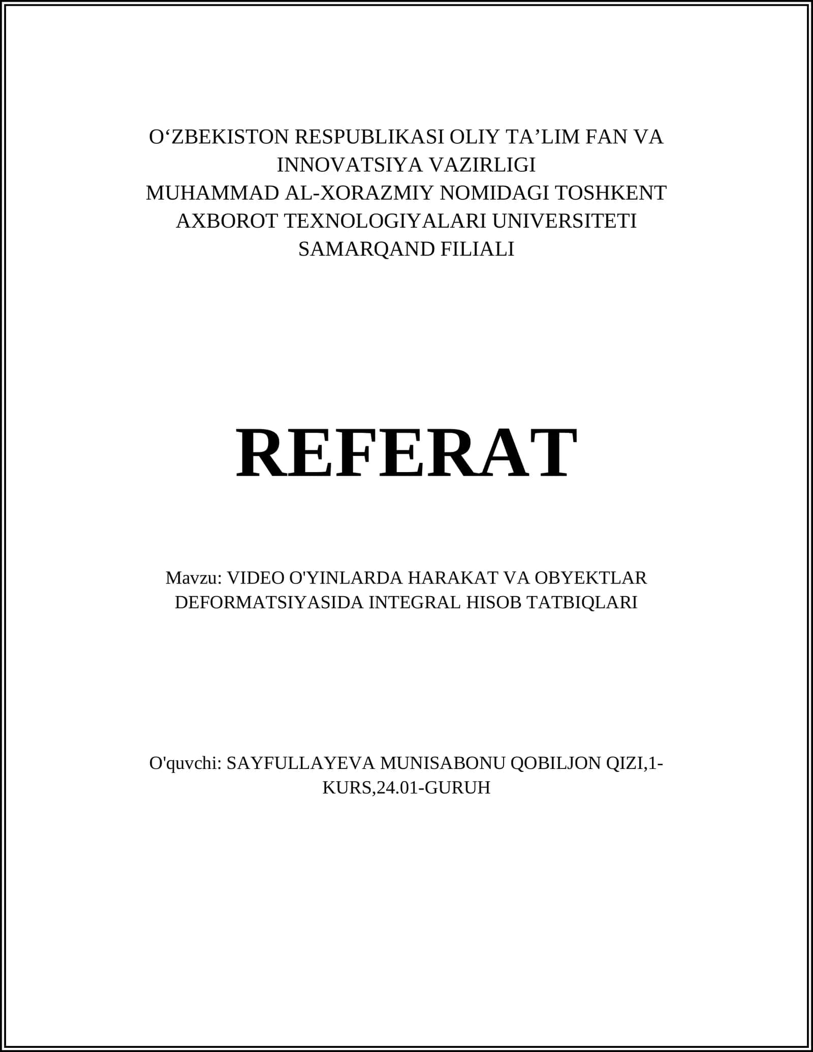 VIDEO O'YINLARDA HARAKAT VA OBYEKTLAR DEFORMATSIYASIDA INTEGRAL HISOB TATBILARI 1