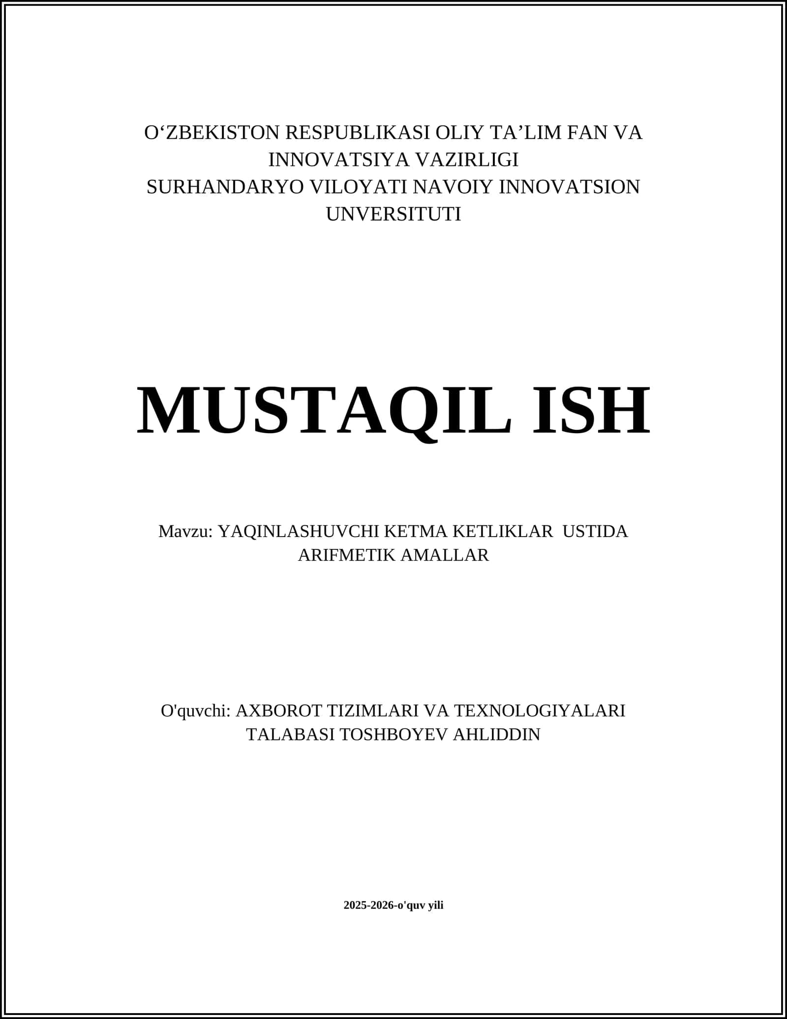 YAQINLASHUVCHI KETMA KETLIKLAR USTIDA ARIFMETIK AMALLAR 1