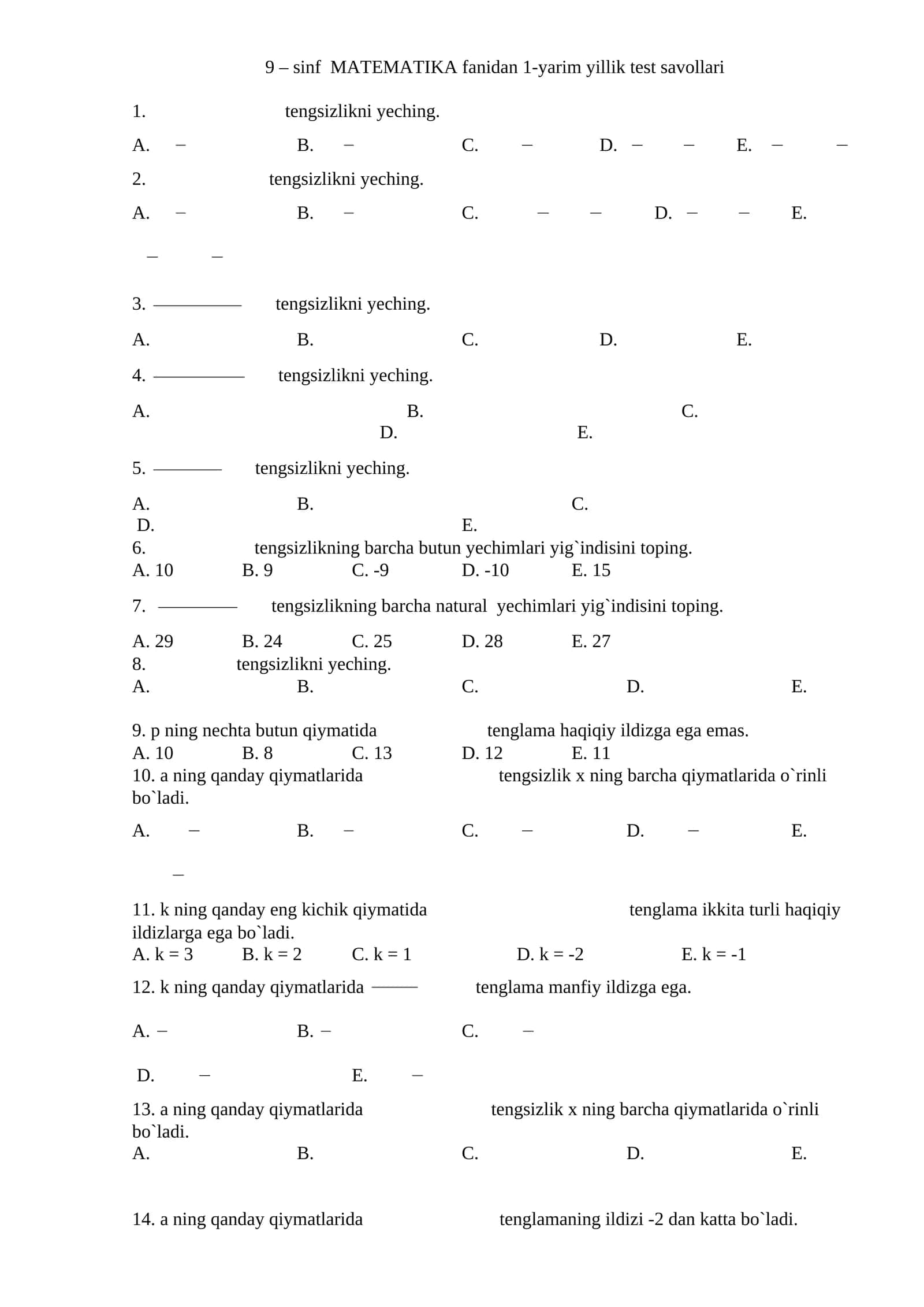 9 – sinf MATEMATIKA fanidan 1-yarim yillik test savollari 1