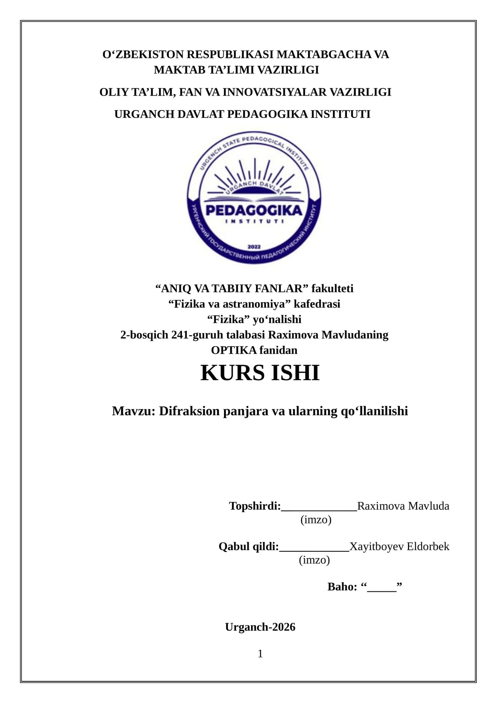 Difraksion panjara va ularning qo‘llanilishi 1