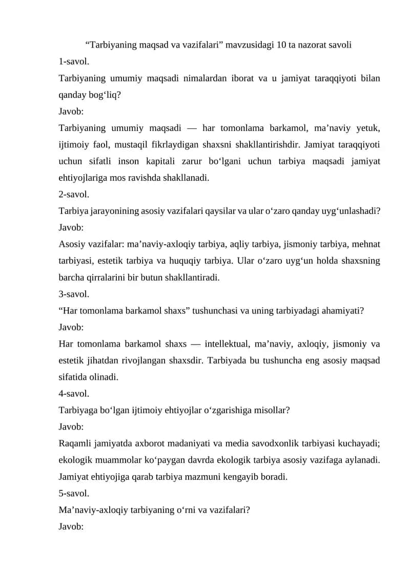 Tarbiyaning maqsad va vazifalari 1