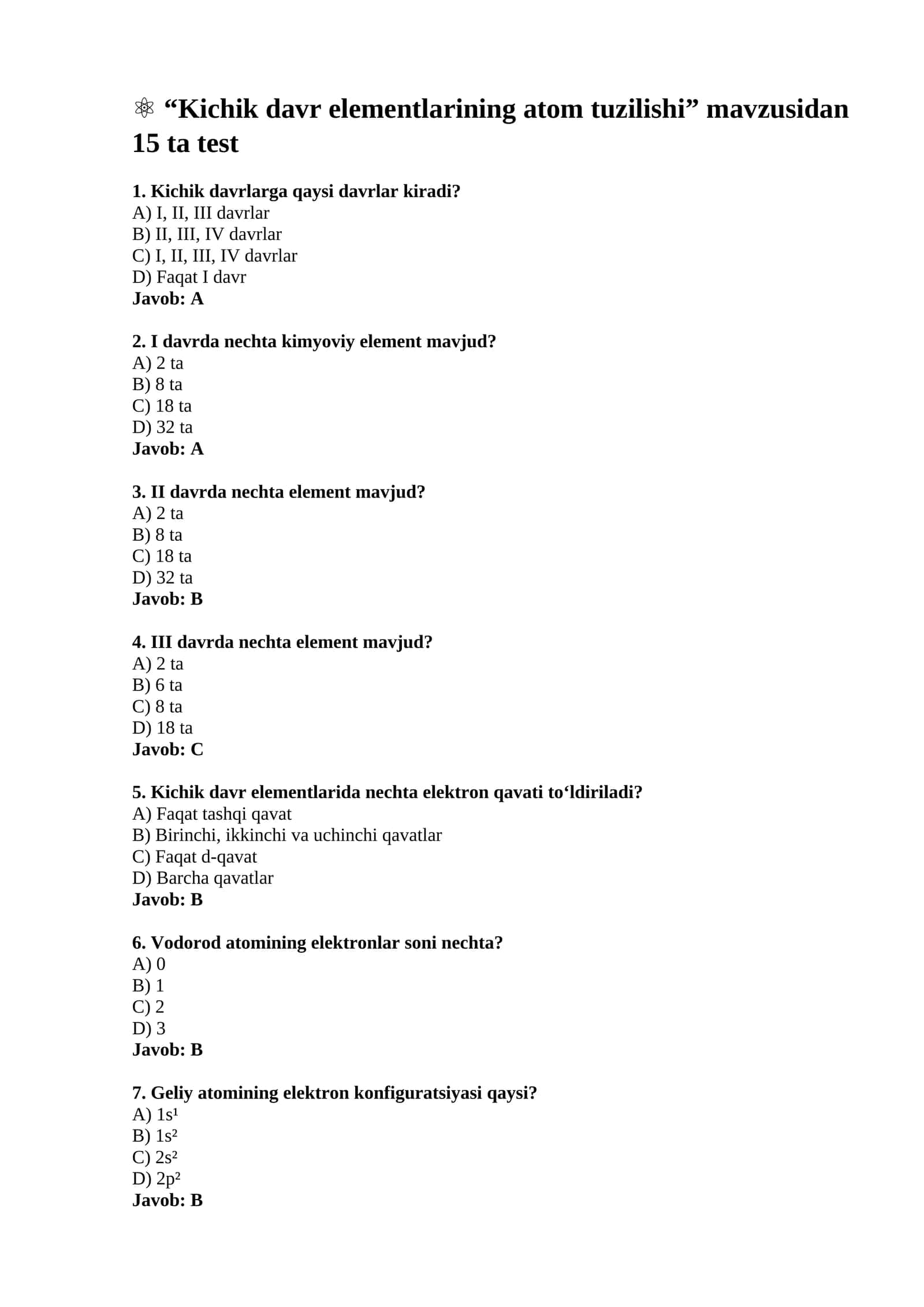 Kichik davr elementlarining atom tuzilishi 1