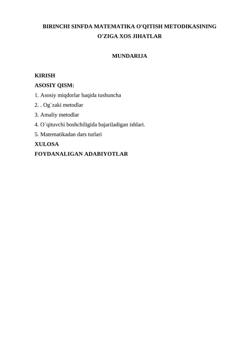 BIRINCHI SINFDA MATEMATIKA O'QITISH METODIKASI 1