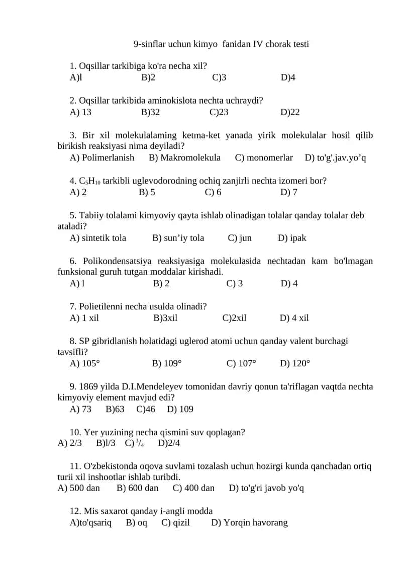 9-sinflar uchun kimyo fanidan IV chorak testi 1