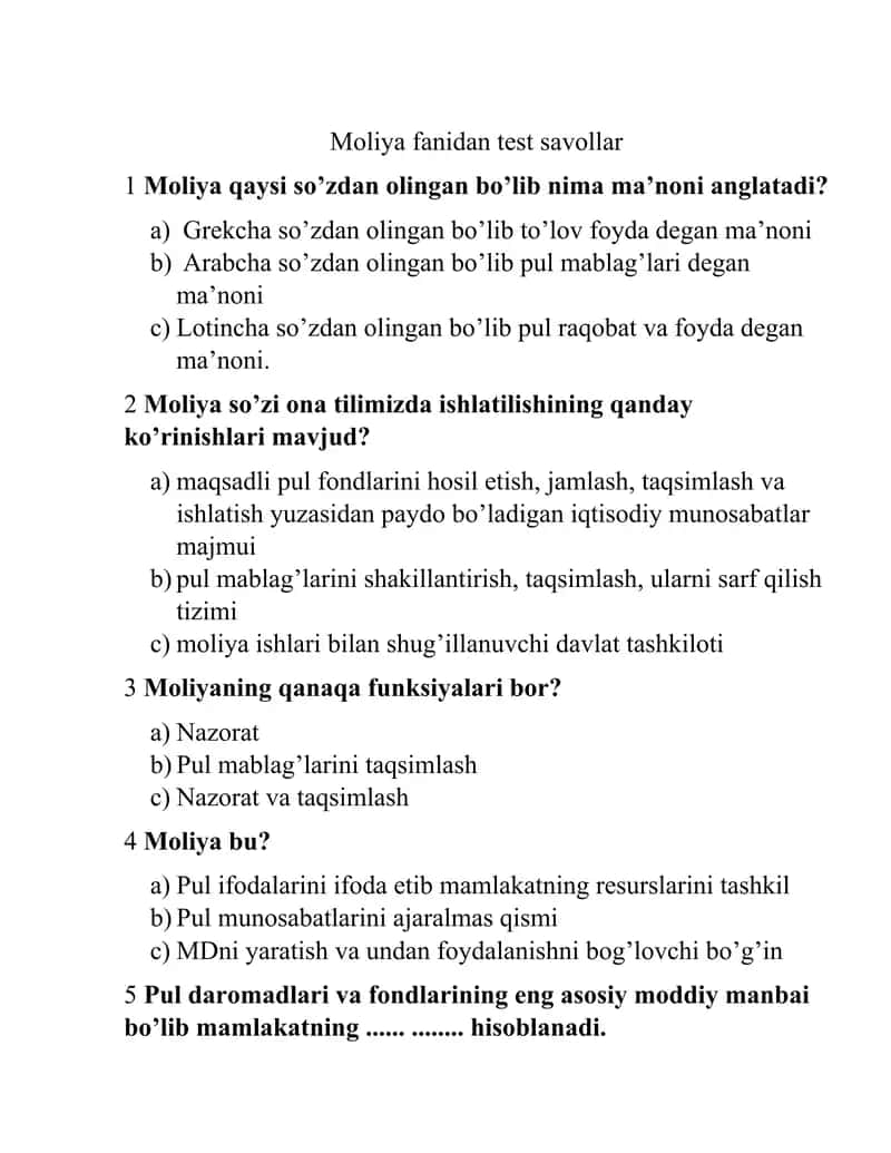 Moliya fanidan test savollar 1
